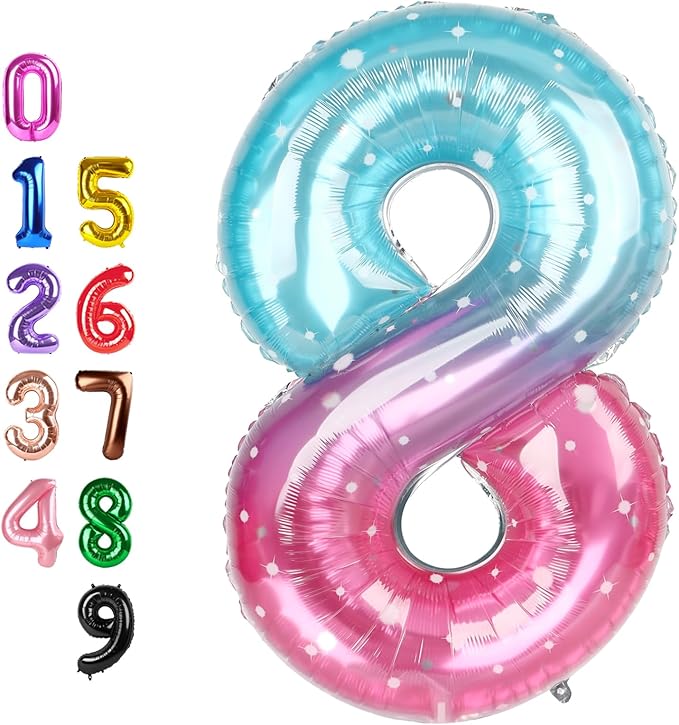 Number 8 Balloon 40 Inch, Birthday Decorations For Women Men, Big Number Balloons for 8, 18, 28 Girls Boys Adult Ceremony Party Decoration, Blue and Pink