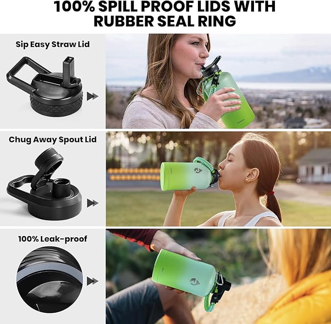 RAYMYLO Insulated Water Bottle 64 oz, Triple Wall Vacuum Stainless Steel (Cold for 48 Hrs), Leak Proof & Non-BPA, Half Gallon Water Flask Jug with Paracord Handle & Straw Spout Lids
