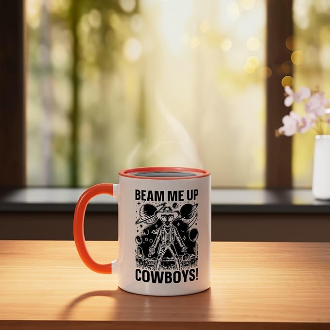 Alien Lover Flying Saucer UFO Extraterrestrial Cowboy Ceramic Mug, Orange/White