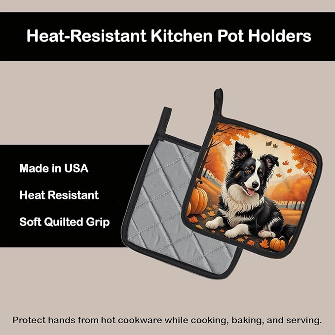 Caroline's Treasures DAC1022PTHD Border Collie Fall Pair of Pot Holders Kitchen Heat Resistant Pot Holders Sets Oven Hot Pads for Cooking Baking BBQ, 7 1/2 x 7 1/2