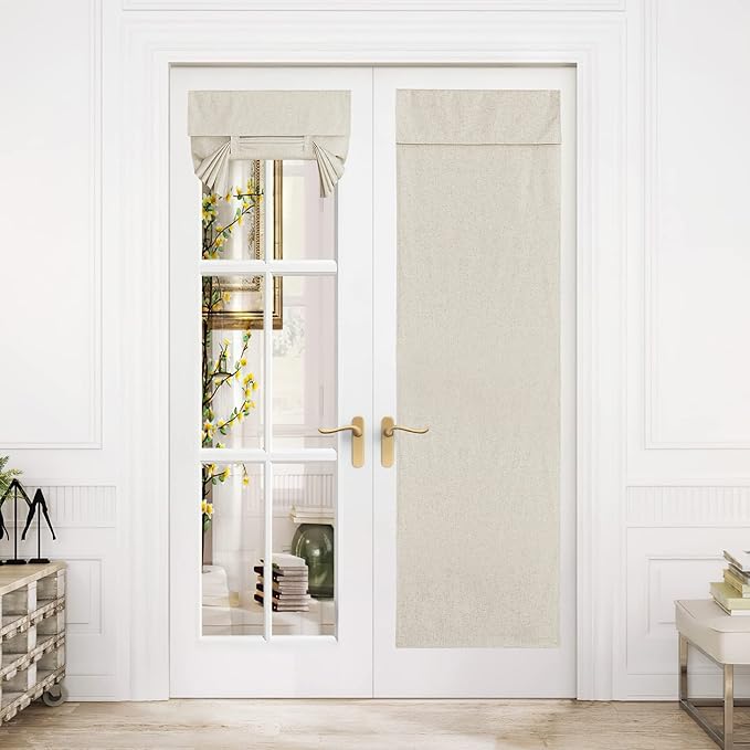 NICETOWN Linen Door Curtain for Window, Farmhouse French Door Curtain Shade for Kitchen Bathroom Thermal Insulated 100% Blackout Tie Up Shade for Patio Sliding Glass, 1 Panel, Natural, 26" x 72"