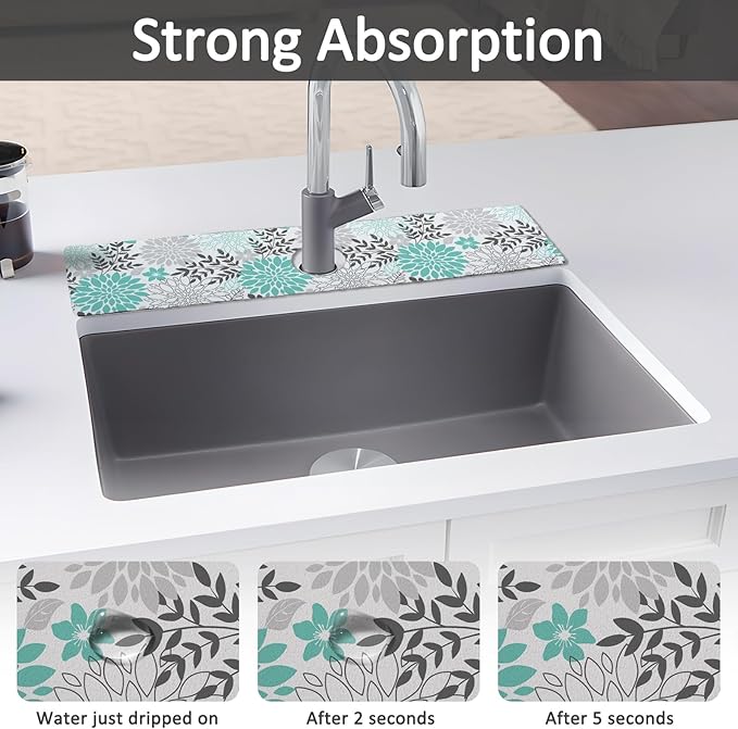 24" X 5.5" Kitchen Sink Splash Guard Faucet Mat Flora Super Absorbent Fast Drying Faucet Guard & Draining Mat Sink Splash Guard Behind Faucet for Kitchen, Bathroom