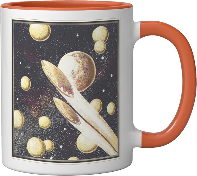Retro Sci-Fi UFOs Flying Saucers Through Space Ceramic Mug, Orange/White