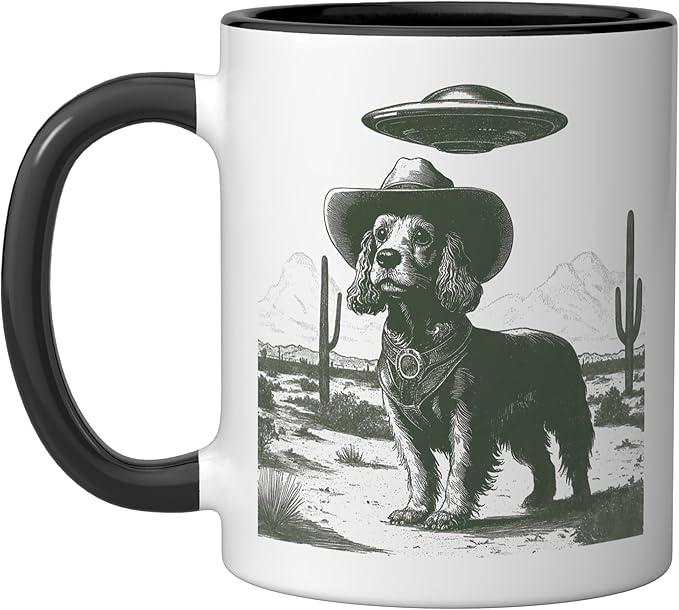 Funny Cowboy Dog UFO Alien Desert Cactus Western Canine Ceramic Mug, Black/White