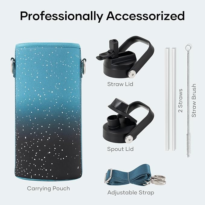 BUZIO 32 oz Water Bottle Insulated, Leakproof Stainless Steel Flask (Cold for 48 Hrs), Wide Mouth BPA-Free Metal Thermo Hydro Canteen with 2 Lids, Dappled Navy Black