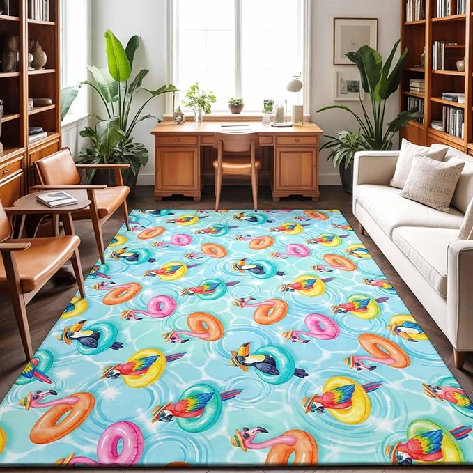Area Rug 8x10ft, Summer Pool Float Swim Rings Washable Rugs for Living Room Bedroom, Tropical Flamingo Birds Soft Non-Slip Area Rugs Rectangle Floor Carpet for Dining Room