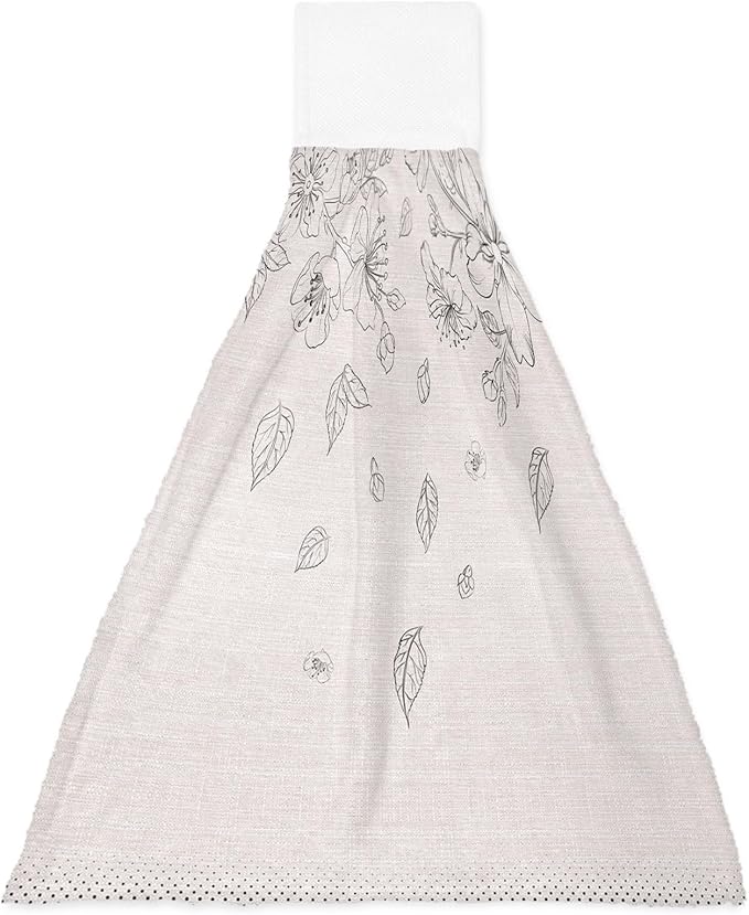 Alandar Home Kitchen Tie Towel Set of 1, Flower Sketch on Burlap Linen Absorbent Soft Hand Towels for Bathroom Hanging Towels, Blossoming Floral Falling Leaves Fast Drying Cleaning Cloth with Loop