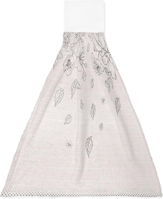 Alandar Home Kitchen Tie Towel Set of 1, Flower Sketch on Burlap Linen Absorbent Soft Hand Towels for Bathroom Hanging Towels, Blossoming Floral Falling Leaves Fast Drying Cleaning Cloth with Loop