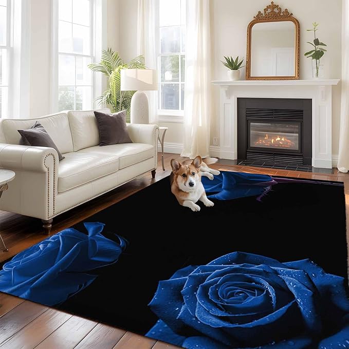 Area Rug 6x9ft, Abstract Garden Blue Rose Washable Rugs for Living Room Bedroom, Classic Country Floral Soft Non-Slip Area Rugs Rectangle Floor Carpet for Dining Room