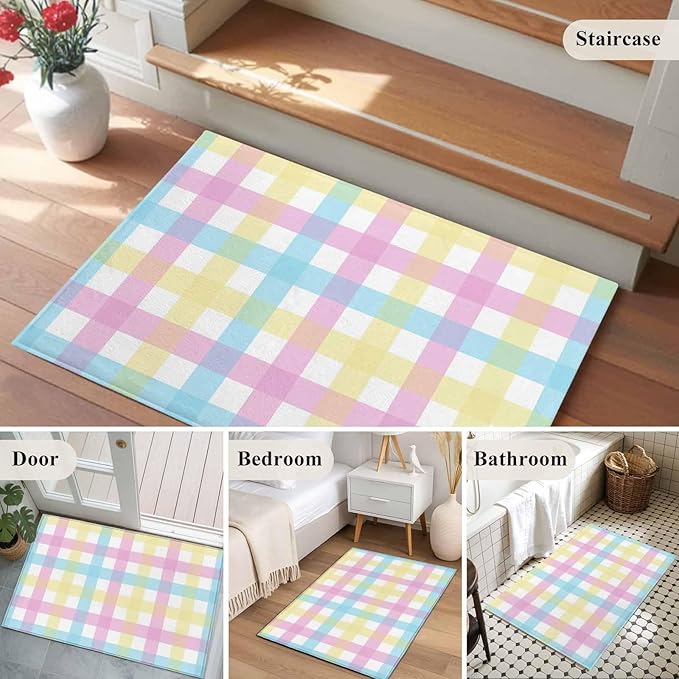 Area Rug 2x3ft, Spring Easter Colorful Lattice Washable Rugs for Living Room Bedroom, Minimalist Buffalo Checker Soft Non-Slip Area Rugs Rectangle Floor Carpet for Dining Room