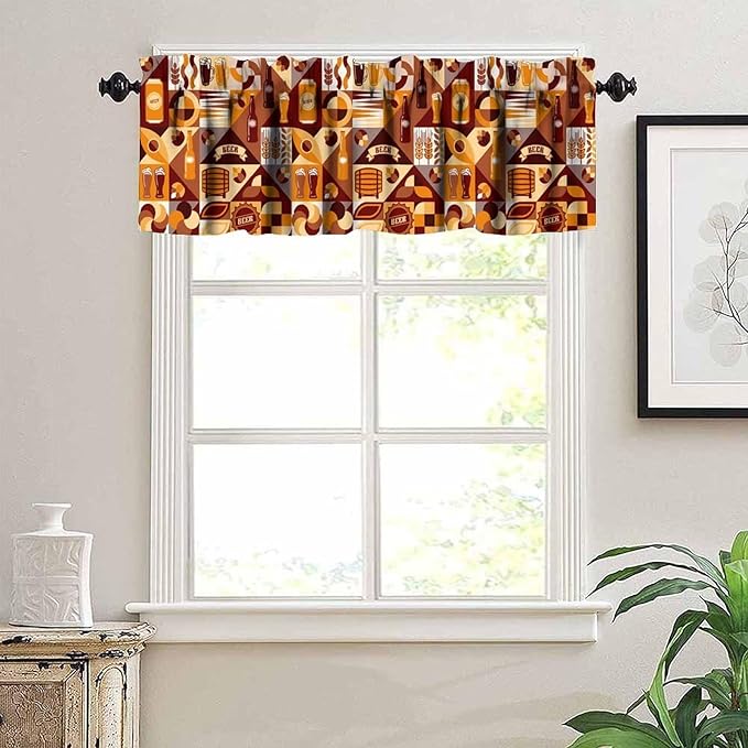 Modern Beer Kitchen Valance, Brown Geometric Beer Drink Print Short Window Treatment for Dining Living Room Bedroom Pub Home Bar, 54x18Inch