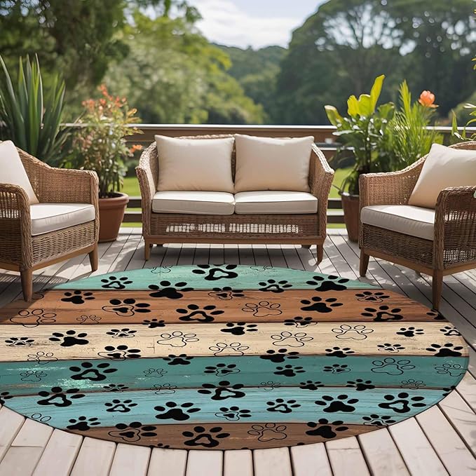 Washable Round Area Rug Farm Brown Wood Board Circle Rugs Floor Carpet for Living Room Bedroom, Dog Paw Print Animal Footprint Soft Non Slip Round Rug 5ft
