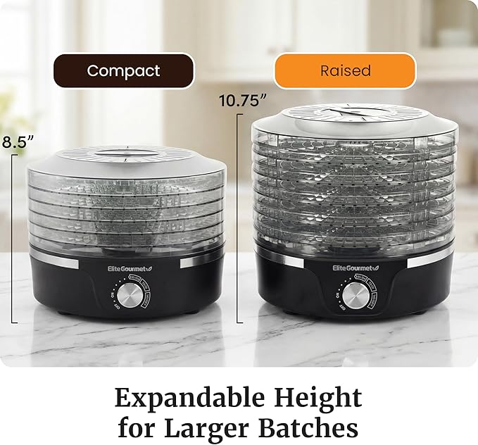 Elite Gourmet EFD319 Food Dehydrator, 5 BPA-Free 11.4" Trays Adjustable Temperature Controls, Jerky, Herbs, Fruit, Veggies, Dried Snacks, Black