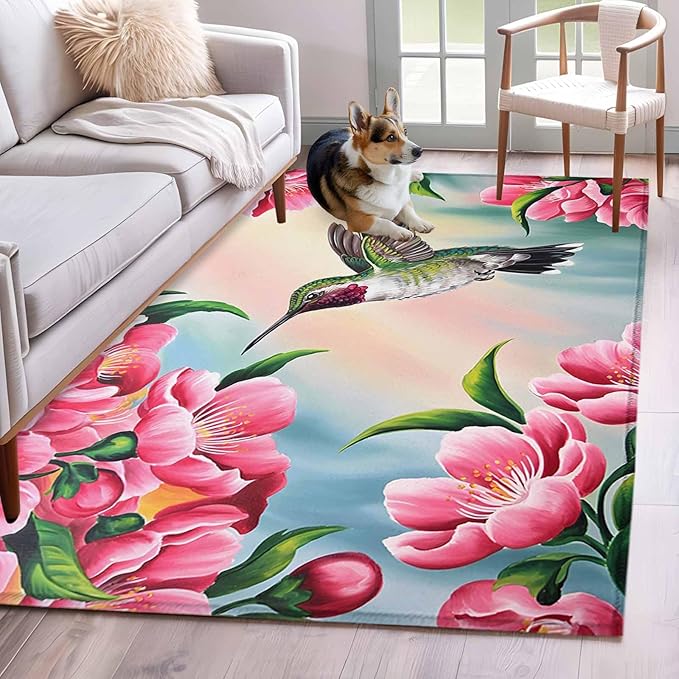 Area Rug 4x6ft, Hummingbird Flower Peach Blossom Washable Rugs for Living Room Bedroom, Nature Oil Painting Art Soft Non-Slip Area Rugs Rectangle Floor Carpet for Dining Room