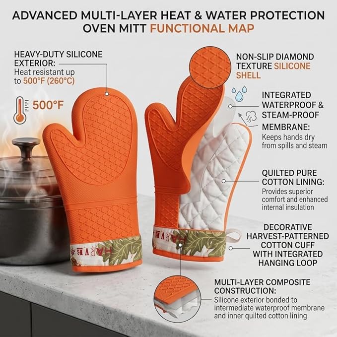 Pair of 2 Heat-Resistant Silicone Oven Mitts – Extra Long, Non-Slip Grip, Soft Cotton Lining, Perfect for Baking, Cooking & BBQ – 13” x 7” Kitchen Gloves (Pumpkin)