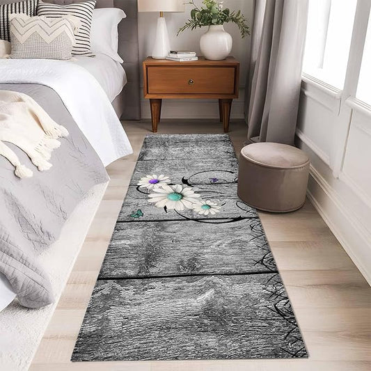 Runner Rug for Bedroom Hallway, Farm Daisy Shabby Wood Grain Kitchen Runner Rugs Area Rug 2x6ft, Vintage Flower Plant Butterfly Washable Soft Floor Carpet for Entryway Stair