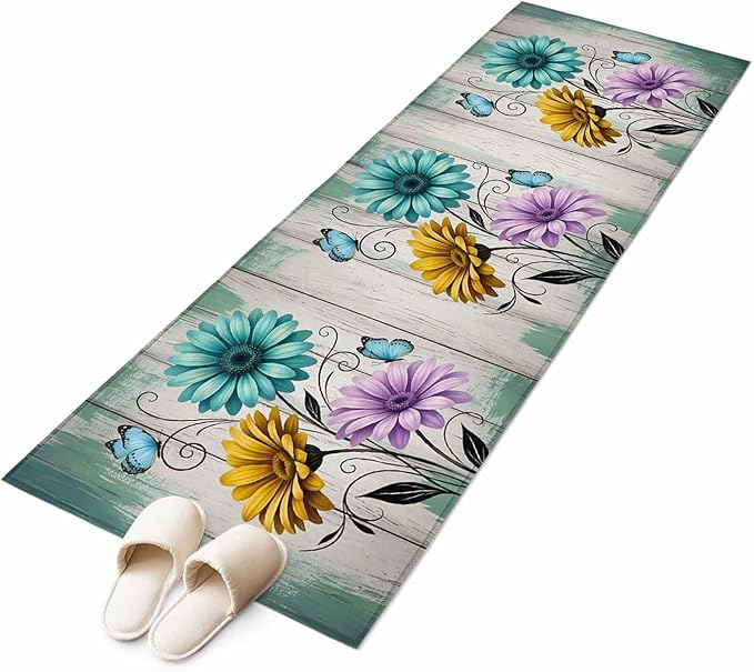 Runner Rug for Bedroom Hallway, Farm Flower Daisy Retro Wood Barn Kitchen Runner Rugs Area Rug 2x6ft, Blossom Flower Butterfly Washable Soft Floor Carpet for Entryway Stair