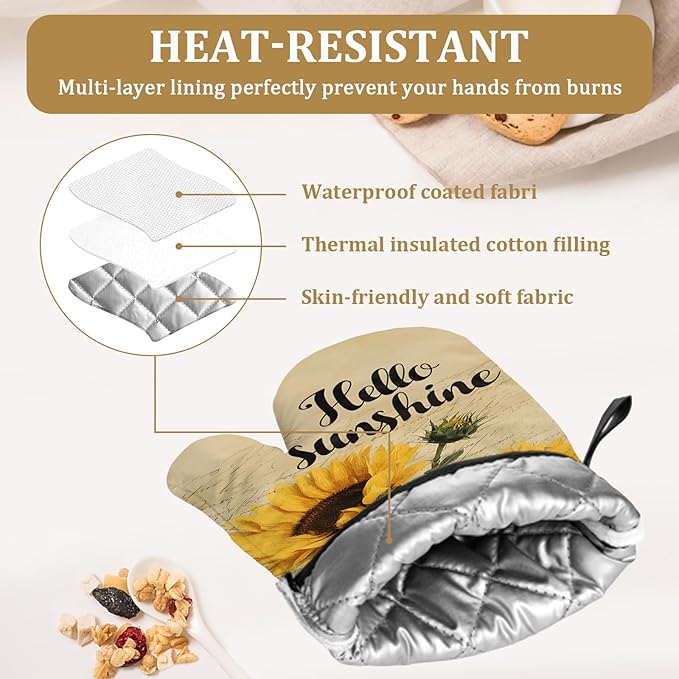 Vintage Sunflower Oven Mitts and Pot Holders Sets 4Pcs Hello Sunshine Floral Silicone Kitchen Gloves Heat Resistant Potholders for Baking Cooking Grilling BBQ