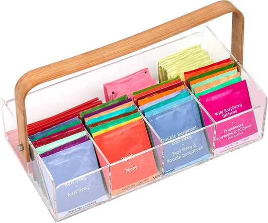 Mind Reader Tea Bag Organizer, Tea Station, Countertop, Caddy, Rayon from Bamboo and Acrylic, 11.75"L x 6"W x 6"H, Brown