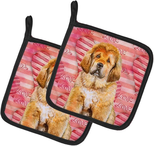Caroline's Treasures BB9808PTHD Tibetan Mastiff Love Pair of Pot Holders, Red Kitchen Heat Resistant Pot Holders Sets Oven Hot Pads for Cooking Baking BBQ, 7 1/2 x 7 1/2