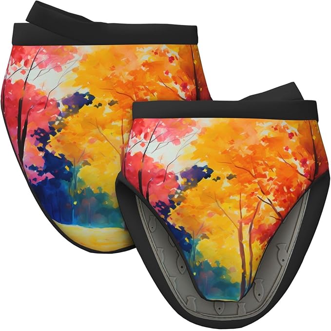2 Pcs Mini Silicone Oven Mitts Autumn Trees Heat Resistant Grill Gloves with Hanging Loop, Fall Leaf Short Kitchen Mittens for Cooking Baking BBQ