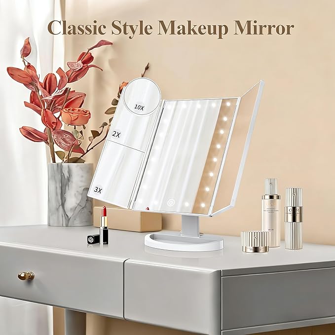 HUONUL Makeup Mirror, Gifts for Mom Mothers Day, Vanity Mirror with Lights, 2X/3X/10X Magnification, Touch Control, Trifold, Dual Power Supply, Birthday Gifts for Women, Girls, Dorm Room Essentials