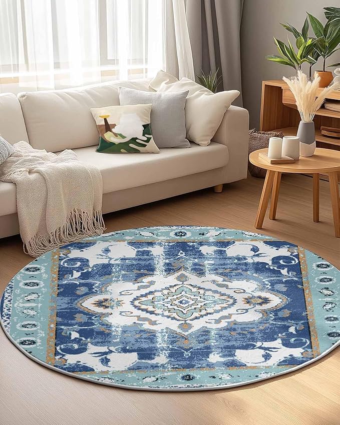 Round Area Rug,Abstract Flower Ethnic Tribal Style Circle Living Room Rug Non-Slip Rugs Indoor Carpet,Retro Blue Floral Soft Comfort Rugs for Bedroom KidsRoom Nursery