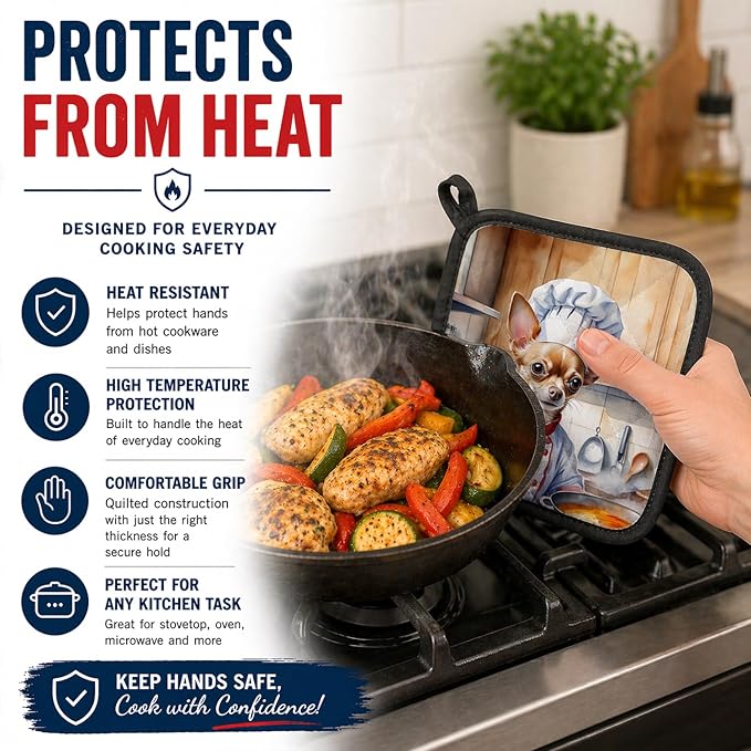 Caroline's Treasures Chihuahua The Chef Pair of Pot Holders Kitchen Heat Resistant Pot Holders Sets Oven Hot Pads for Cooking Baking BBQ, 7 1/2 x 7 1/2