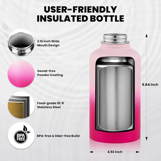 RAYMYLO Insulated Water Bottle 64 oz, Triple Wall Vacuum Stainless Steel (Cold for 48 Hrs), Leak Proof & Non-BPA, Half Gallon Water Flask Jug with Paracord Handle & Straw Spout Lids, Ombre Pink