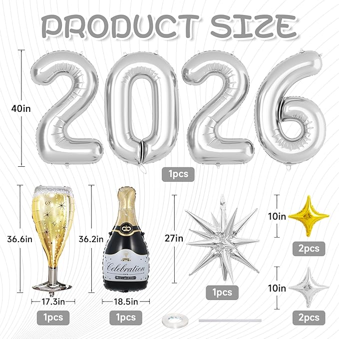 Silver 2026 Balloons, 40 Inch Number 2026 Silver Foil Balloons, Gold Silver Star Balloon Champagne Bottle Glass Balloon for Happy New Years Eve Party Supplies 2026 Class of 2026 Graduation Decorations