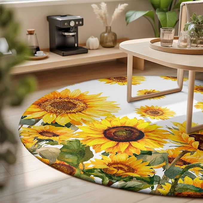 Washable Round Area Rug Summer Pastoral Sunflower Circle Rugs Floor Carpet for Living Room Bedroom, Farmhouse Yellow Flower Soft Non Slip Round Rug 3ft