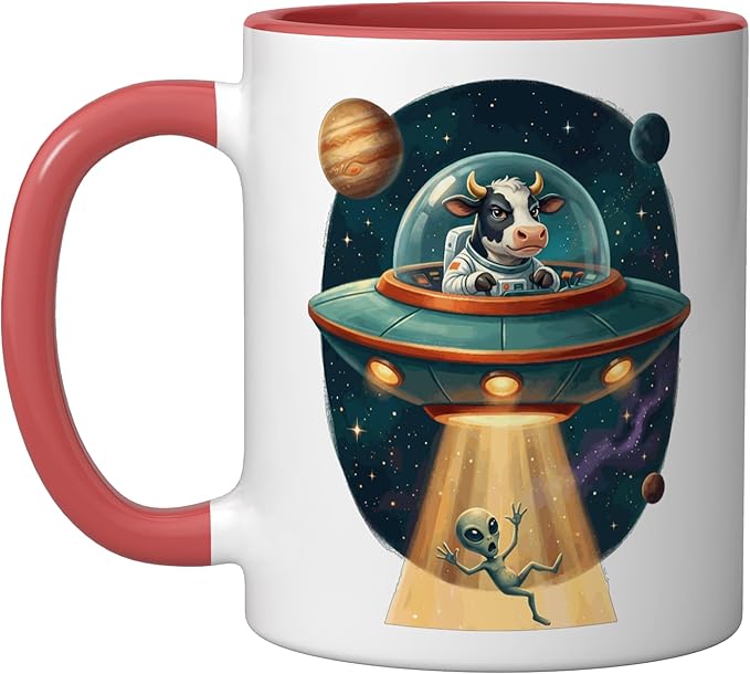 Funny Cow Astronaut UFO Abducting Alien Space Graphic Ceramic Mug, Red/White