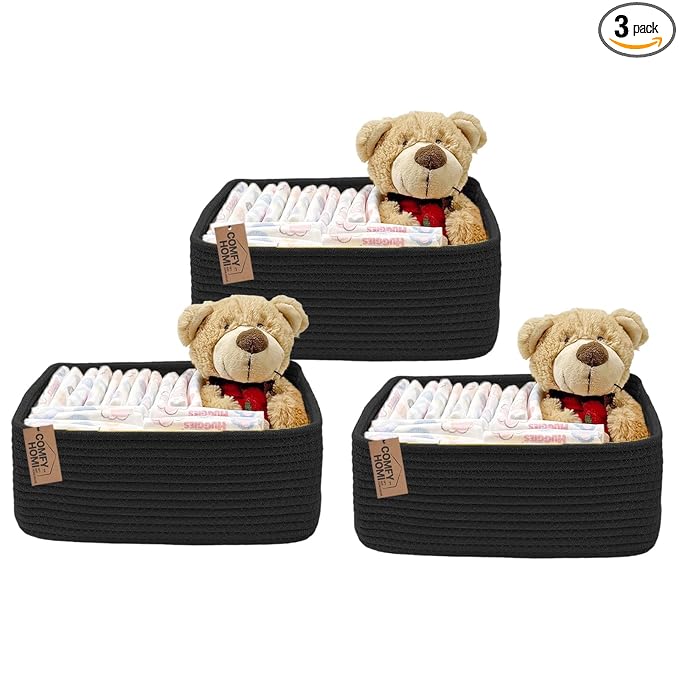 COMFY-HOMI 13" x 8.5" x 5.1" Storage Baskets for Organizing | Cotton Rope Woven Basket | Toy Storage Bin Box | Basket for Shelves, Closet Organizer Bin, Decorative Closet Shelf, 3 Pack, All Black