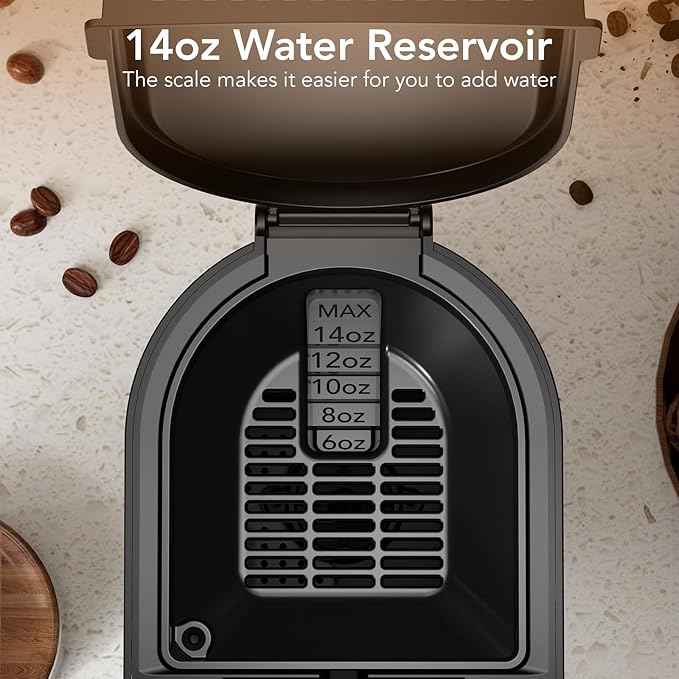 Single Serve Coffee Maker – Brew with Coffee Pods & Grounds, Compatible with Kcup Coffee Pods, Small Sizes Up to 6 8 10 12 14 Oz, 14 Oz Water Reservoir, Easy to Clean for Office Travel Home, Black