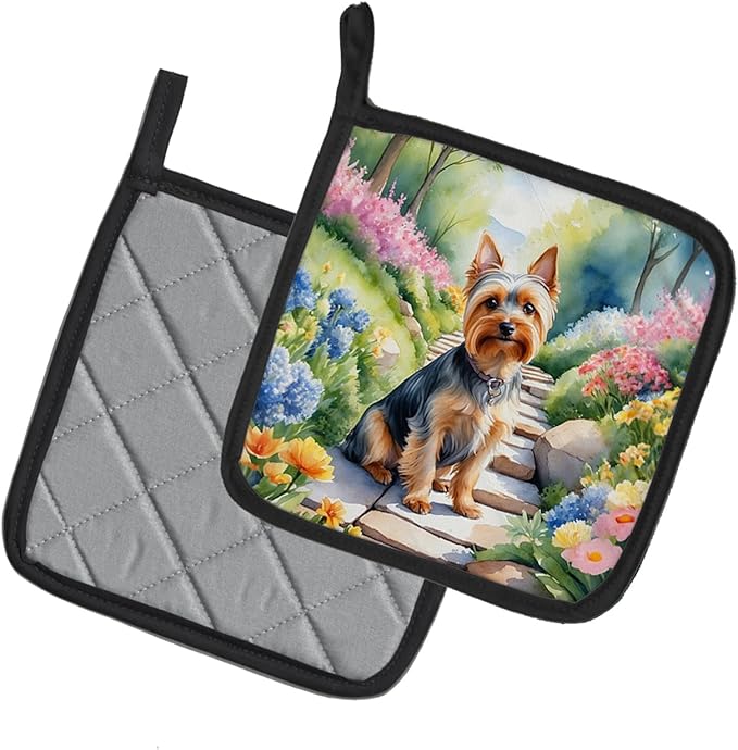 Caroline's Treasures Silky Terrier Spring Path Pair of Pot Holders Kitchen Heat Resistant Pot Holders Sets Oven Hot Pads for Cooking Baking BBQ, 7 1/2 x 7 1/2
