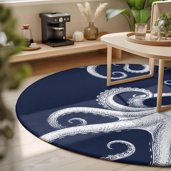 Washable Round Area Rug Underwater Ocean Giant Octopus Circle Rugs Floor Carpet for Living Room Bedroom, Navy Blue White Marine Life Soft Non Slip Round Rug 3ft