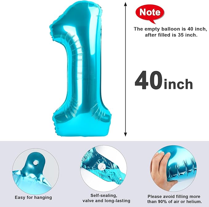 Number Balloons 1, 40 Inch One Balloons for 1st Birthday Girl Boy 1 11 21 Party Decorations Baby Shower Photo Shoot, Light Blue 1 Balloon