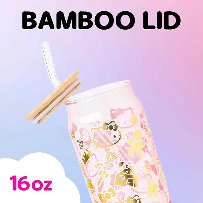 Silver Buffalo Sanrio Hello Kitty Gingerbread Cookies Christmas Holiday Pink and Gold Foil Glass Jar Tumbler with Bamboo Lid and Glass Straw, 16 Ounces
