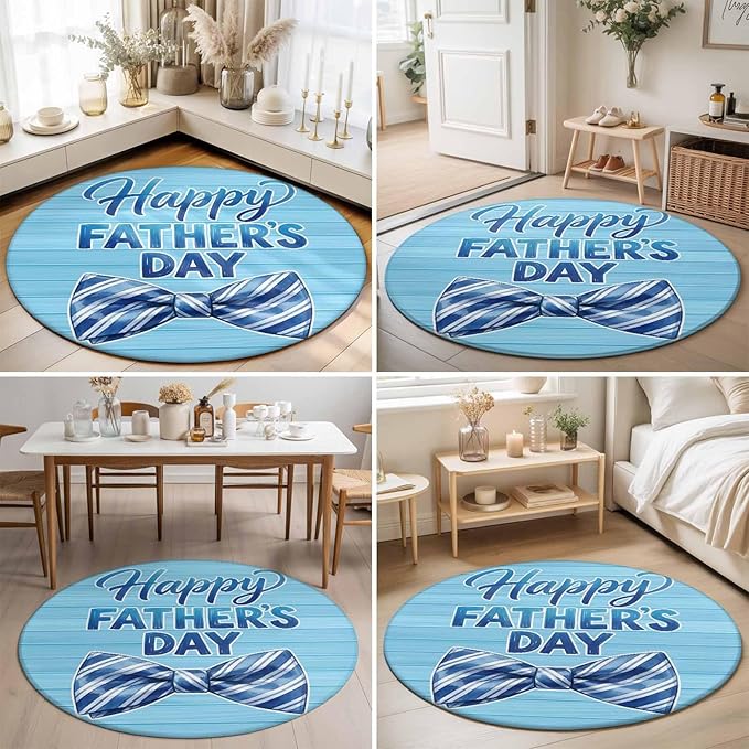 Washable Round Area Rug Father's Day Vintage Plank Circle Rugs Floor Carpet for Living Room Bedroom, Cartoon Blue Stripes Bow Soft Non Slip Round Rug 5ft