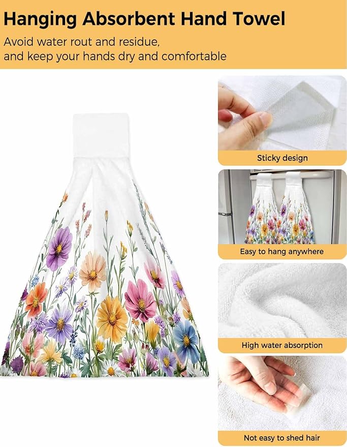 Alandar Home Kitchen Tie Towel Set of 2, Country Flower Leaf Watercolor Plant Absorbent Soft Hand Towels for Bathroom Hanging Towels, Wildflower Floral Fast Drying Cleaning Cloth with Loop