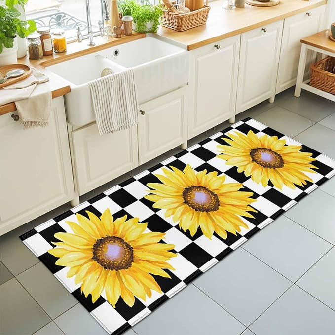 Runner Rug for Bedroom Hallway, Watercolor Sunflower on Checkered Kitchen Runner Rugs Area Rug 2x6ft, Yellow Black White Washable Soft Floor Carpet for Entryway Stair