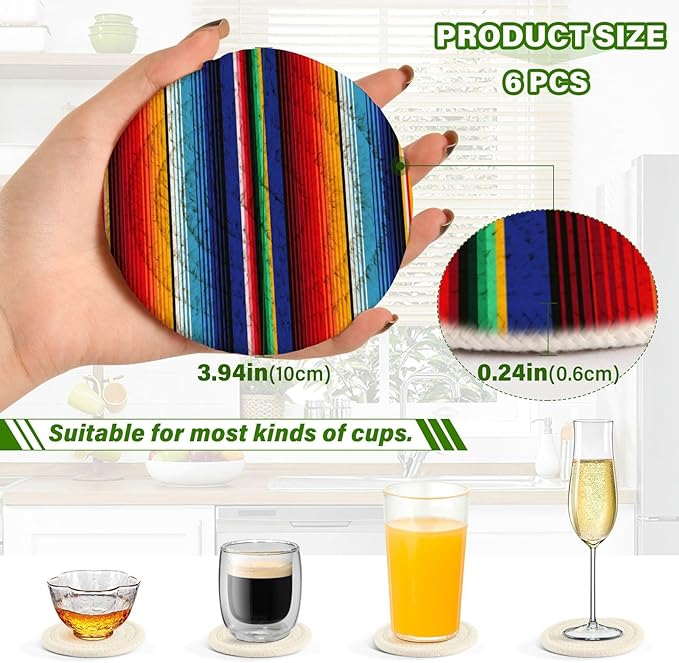 YETTASBIN Mexican Blanket Stripes 6 Pcs Drink Coasters with Holder, Cotton Woven Absorbent Heat-Resistant Round Coaster Non-Slip Table Mat for Kitchen Bar Home Decor Housewarming Gift, 3.9 in