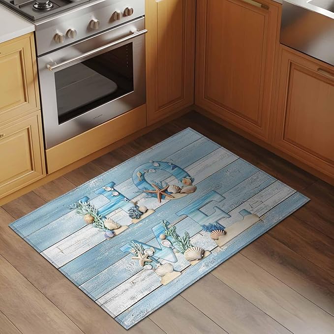 Area Rug 2x3ft, Summer Ocean Beach Shell Home Quote Washable Rugs for Living Room Bedroom, Farm Blue Wood Board Soft Non-Slip Area Rugs Rectangle Floor Carpet for Dining Room