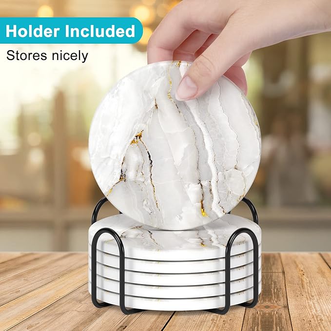 Nipichsha Coasters for Drinks, Set of 6 Cute Absorbent Ceramic Drink Coasters for Cup with Holder and Cork Base, Kitchen Home Decor Housewarming Gift, Round 4 in, White Gold