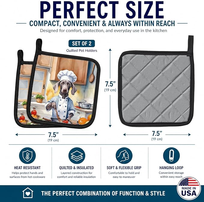 Caroline's Treasures Weimaraner The Chef Pair of Pot Holders Kitchen Heat Resistant Pot Holders Sets Oven Hot Pads for Cooking Baking BBQ, 7 1/2 x 7 1/2