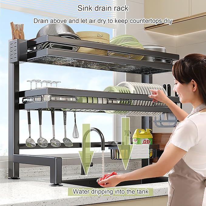 Vertical Over Sink Dish Drying Rack - Space-Saving Carbon Steel Drainer Shelf, Above Sink Kitchen Organizer & Storage Solution (29.5in, Black)