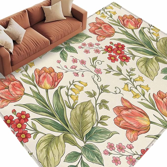 Area Rug 6x9ft, Vintage Tulips Red Daisies Washable Rugs for Living Room Bedroom, Yellow Blooms Floral Pattern Soft Non-Slip Area Rugs Rectangle Floor Carpet for Dining Room