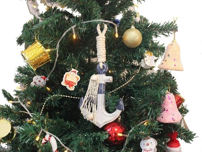 Hampton Nautical Anchor-301-XMASS Wooden Rustic Decorative Blue & White Anchor Christmas Tree Ornament - Nautical Tree Decoration