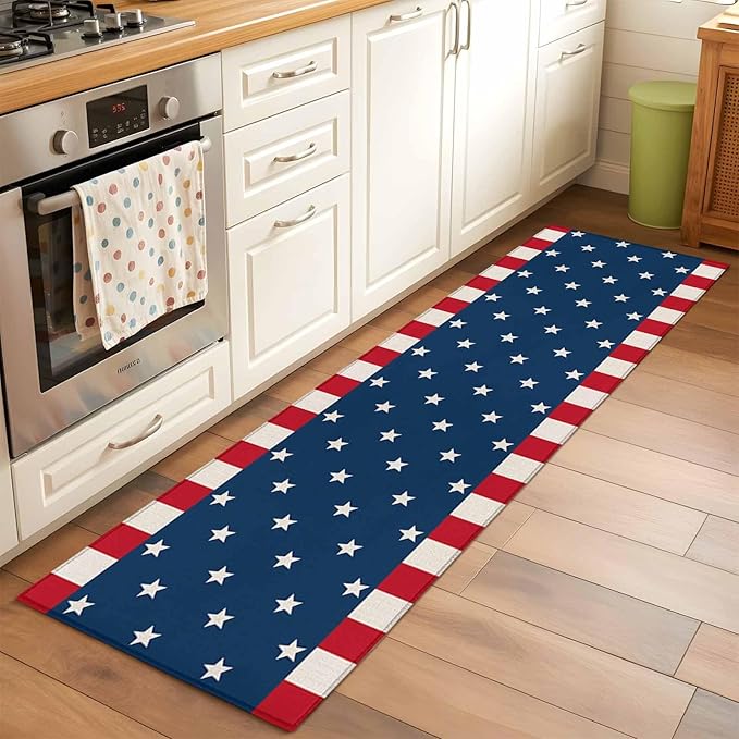 Runner Rug for Bedroom Hallway, American Independence Day Kitchen Runner Rugs Area Rug 2x6ft, USA Stars on Blue Red White Border Washable Soft Floor Carpet for Entryway Stair