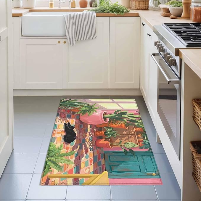 Area Rug 2x3ft, Sleeping Cat Pink Sunlit Room Washable Rugs for Living Room Bedroom, Potted Plants Soft Non-Slip Area Rugs Rectangle Floor Carpet for Dining Room
